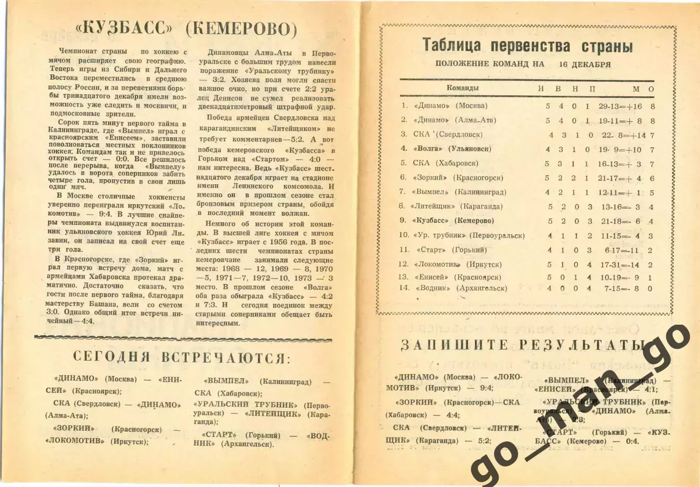ВОЛГА Ульяновск – КУЗБАСС Кемерово 16.12.1973. 1