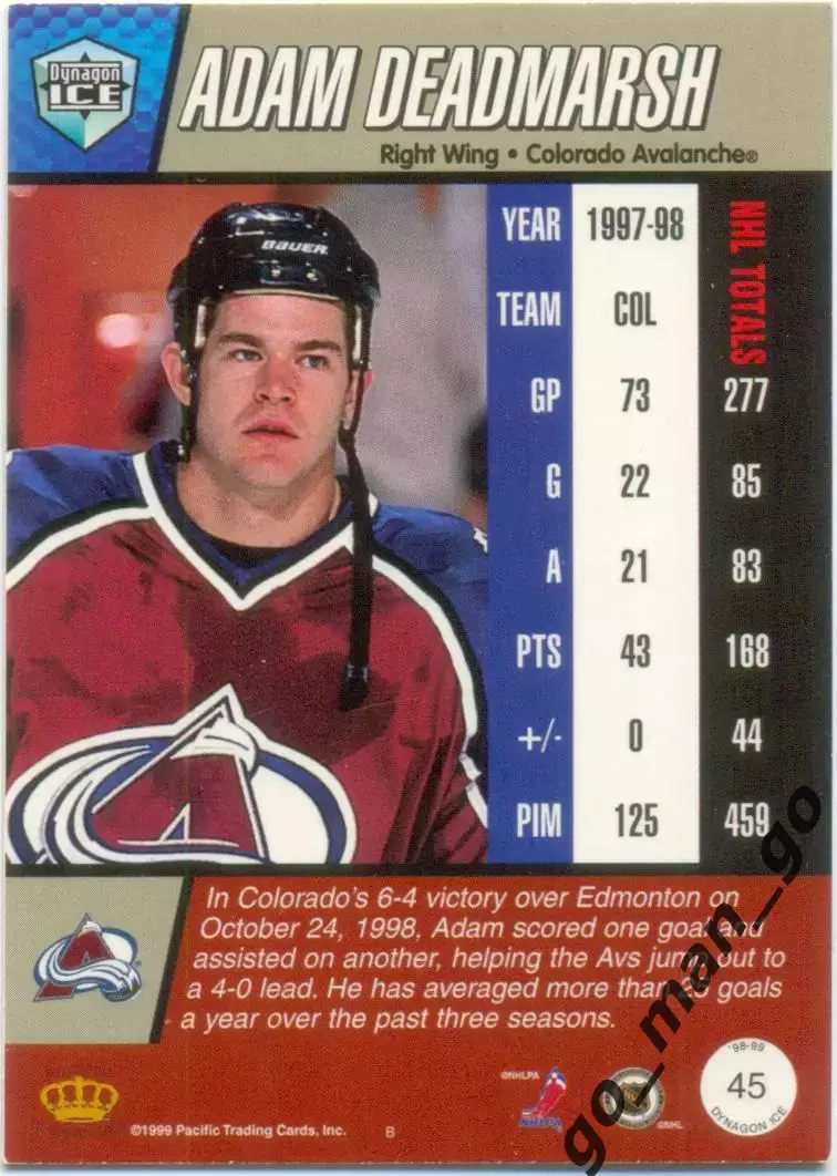Adam Deadmarsh (Colorado Avalanche). Pacific Dynagon Ice NHL 1998-1999, № 45. 1