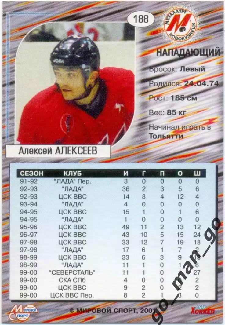 Алексей Алексеев Металлург Новокузнецк Мировой спорт Российский хоккей 2000-2001 1