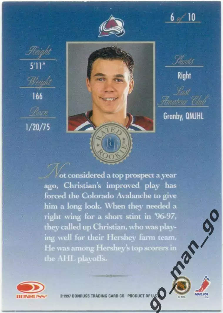 Christian Matte (Colorado Avalanche). Donruss Rated Rookie NHL 1997-1998, № 6. 1