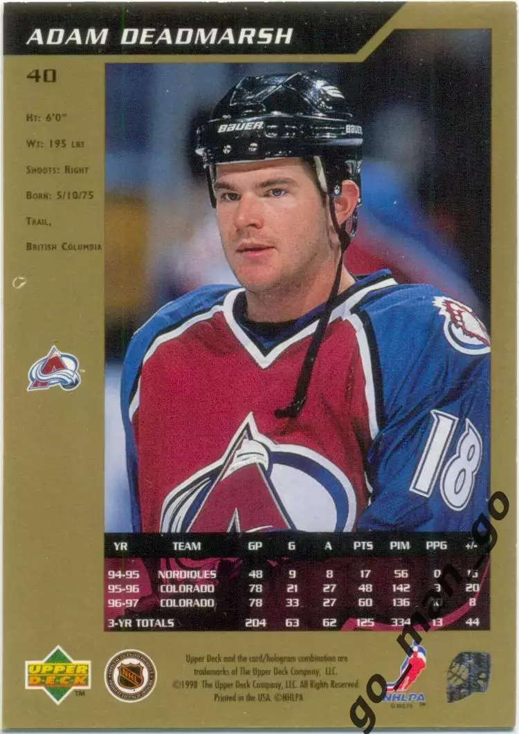 Adam Deadmarsh (Colorado Avalanche). Upper Deck SP Authentic NHL 1997-1998, № 40 1