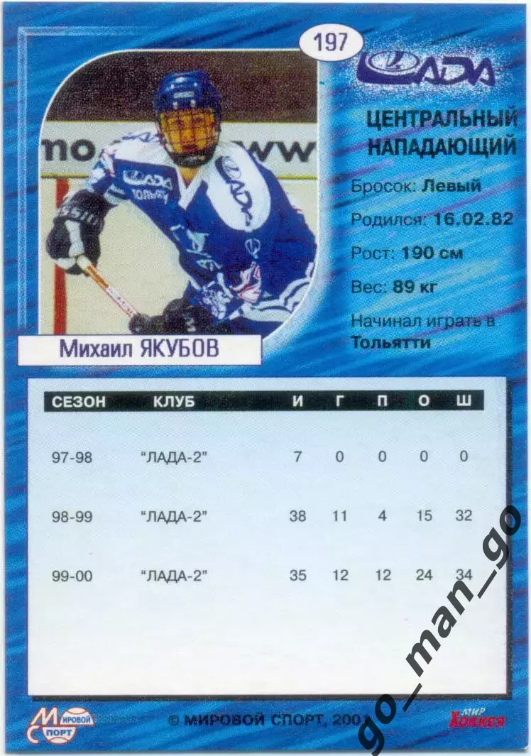 Михаил Якубов (Лада Тольятти). Мировой спорт Российский хоккей 2000-2001, № 197. 1