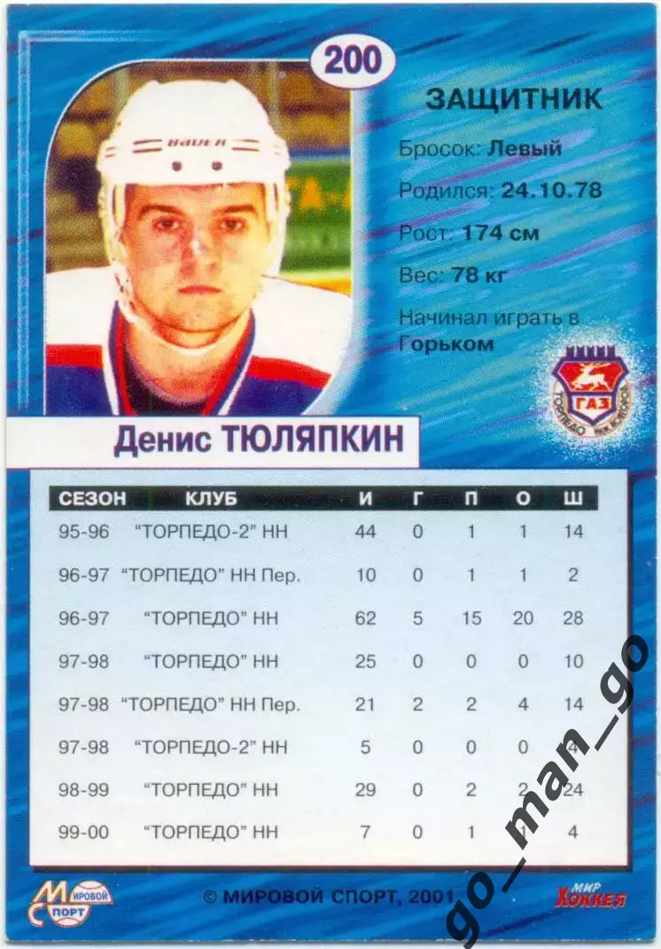 Денис Тюляпкин Торпедо Нижний Новгород Мировой спорт Российский хоккей 2000-2001 1