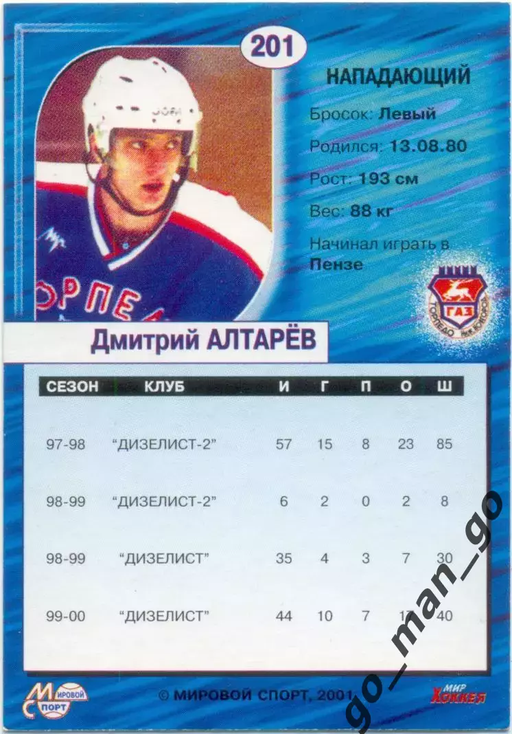 Денис Алтарев Торпедо Нижний Новгород. Мировой спорт Российский хоккей 2000-2001 1