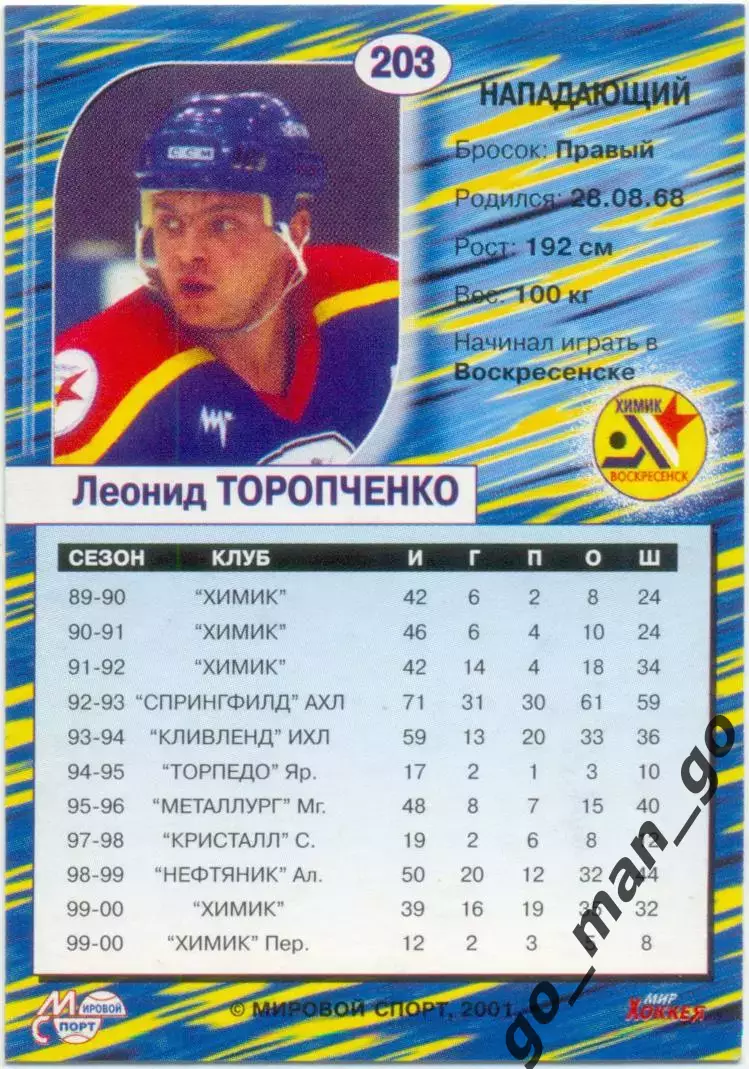 Леонид Торопченко (Химик Воскресенск). Мировой спорт Российский хоккей 2000-2001 1