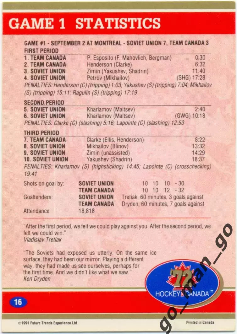 7-3 Game 1 Statistics. Future Trends Canada '72 1991-1992, №16. 1