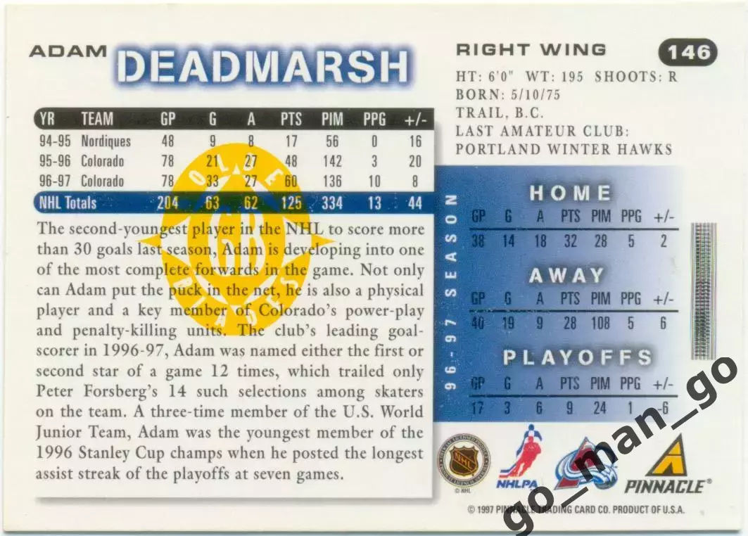 Adam Deadmarsh (Colorado Avalanche) Pinnacle Score Golden Blades 1997-1998, №146 1