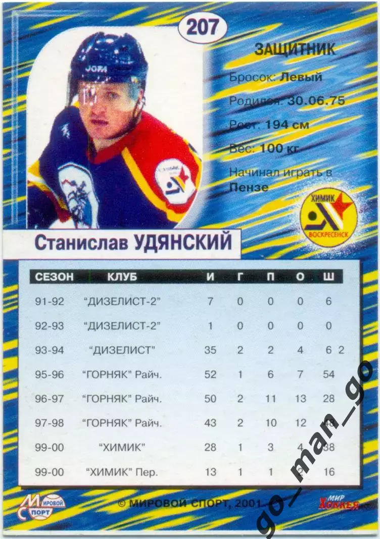 Станислав Удянский (Химик Воскресенск) Мировой спорт Российский хоккей 2000-2001 1