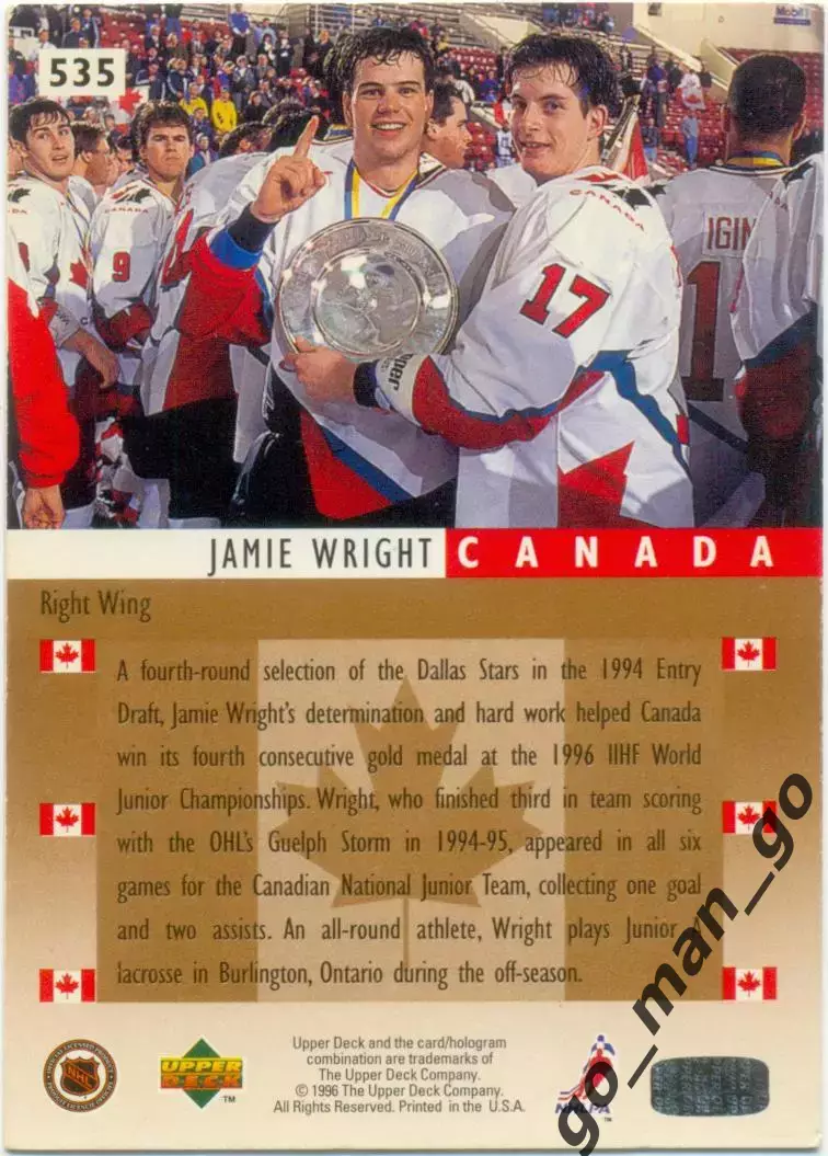 Jamie Wright (Canada). Upper Deck 1995-1996, World Junior Championships, №535. 1
