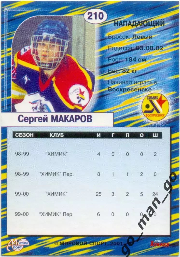 Сергей Макаров (Химик Воскресенск) Мировой спорт Российский хоккей 2000-2001 210 1