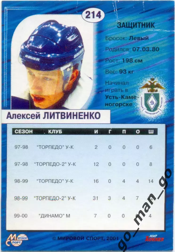 Алексей Литвиненко Динамо Екатеринбург Мировой спорт Российский хоккей 2000-2001 1