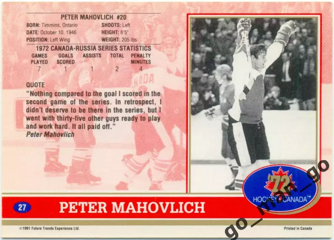 Peter Mahovlich (Canada). Future Trends Canada '72 1991-1992, №27. 1