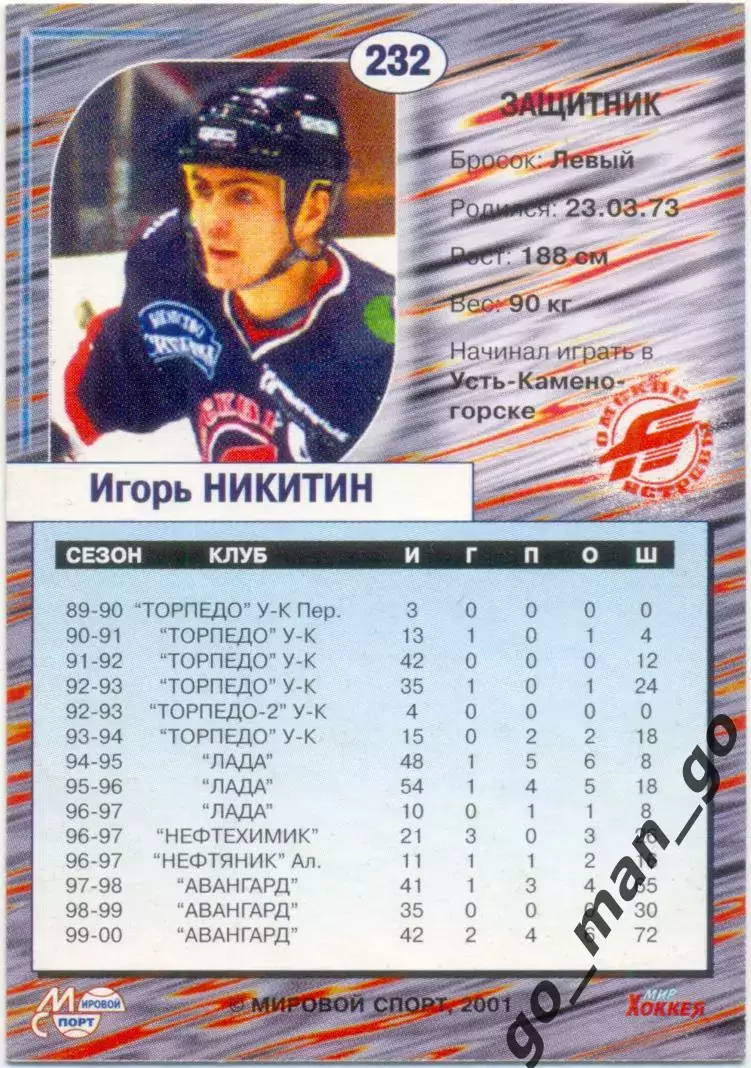 Игорь Никитин (Авангард Омск). Мировой спорт Российский хоккей 2000-2001, №232. 1