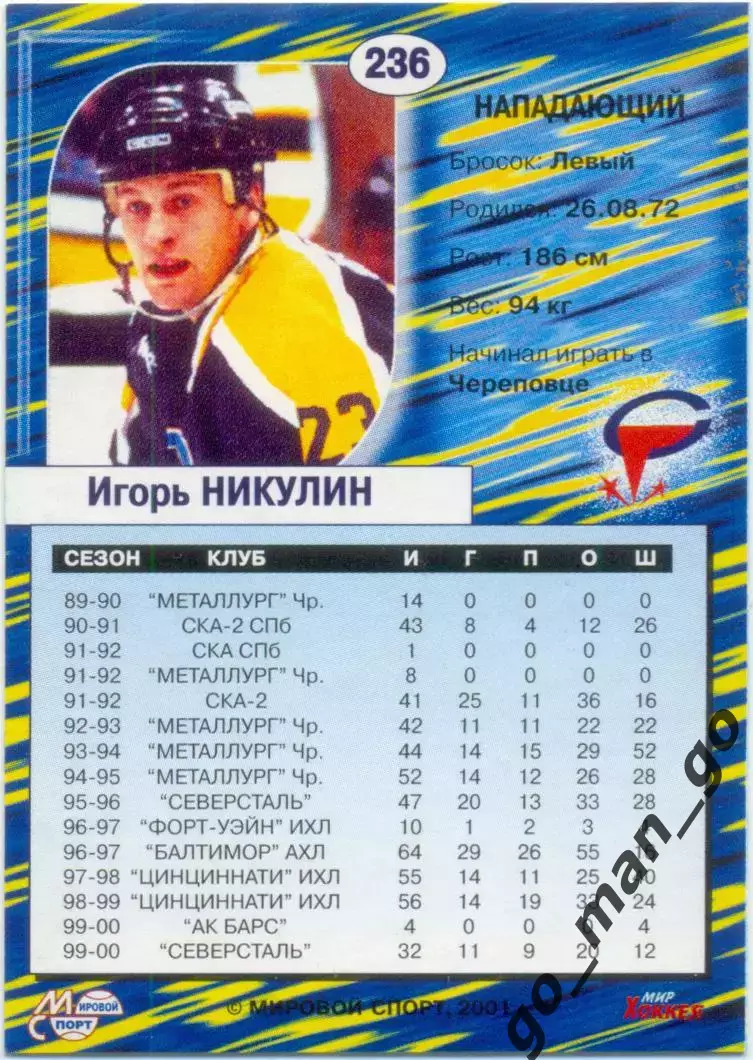 Игорь Никулин (Северсталь Череповец). Мировой спорт Российский хоккей 2000-2001. 1