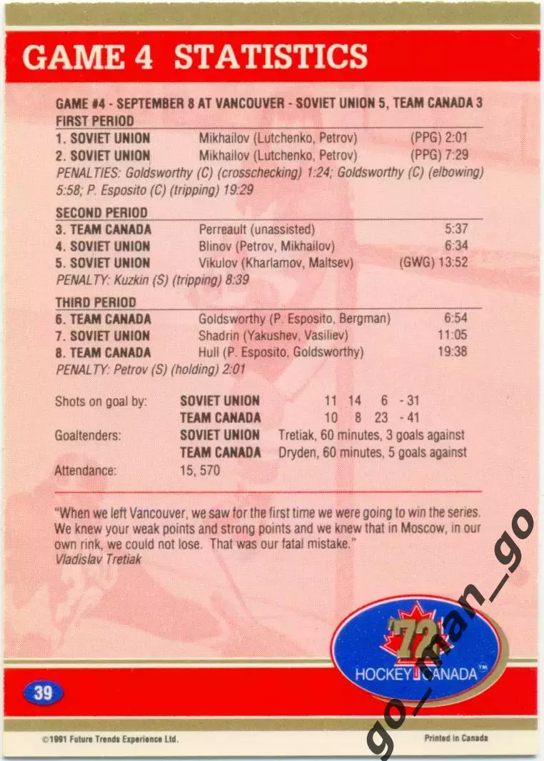 Disaster Game 4 Statistics. Future Trends Canada '72 1991-1992, №39. 1