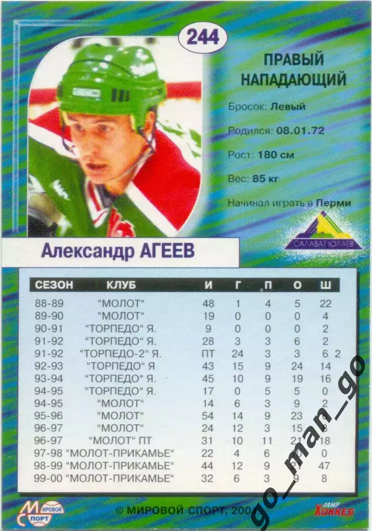 Александр Агеев Салават Юлаев Уфа Мировой спорт Российский хоккей 2000-2001 №244 1