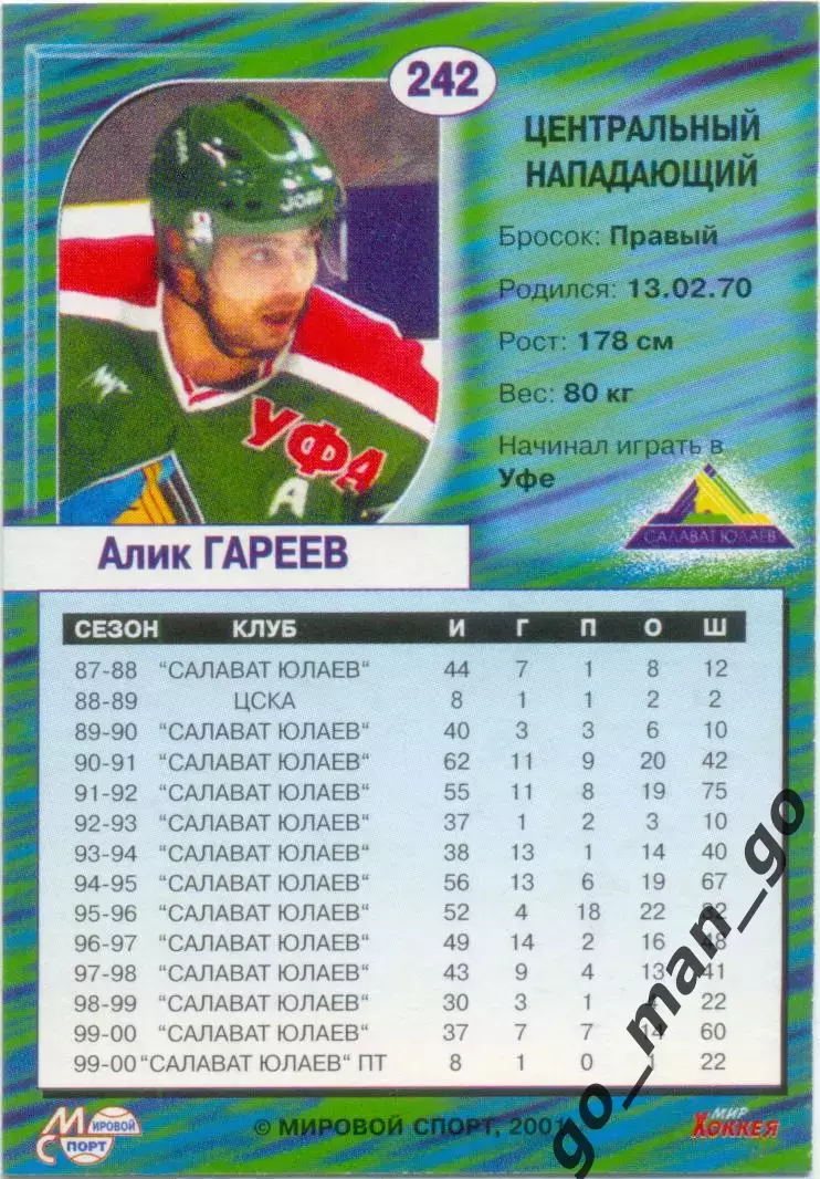Алик Гареев (Салават Юлаев Уфа). Мировой спорт Российский хоккей 2000-2001, №242 1