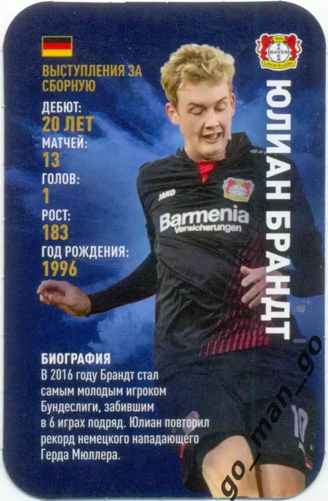Юлиан Брандт (Байер Леверкузен). Top Trumps. Звёзды мирового футбола 2018.