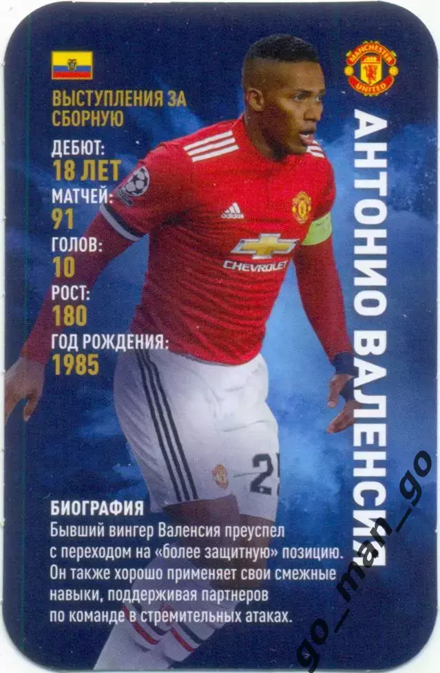Антонио Валенсия (Манчестер Юнайтед). Top Trumps. Звёзды мирового футбола 2018.