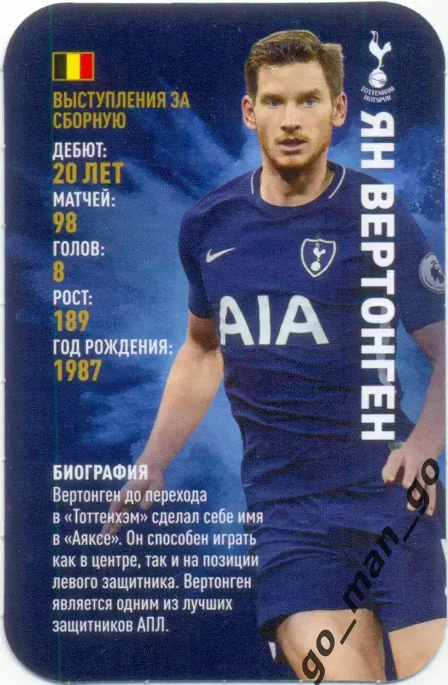 Ян Вертонген (Тоттенхэм Хотспур). Top Trumps. Звёзды мирового футбола 2018.