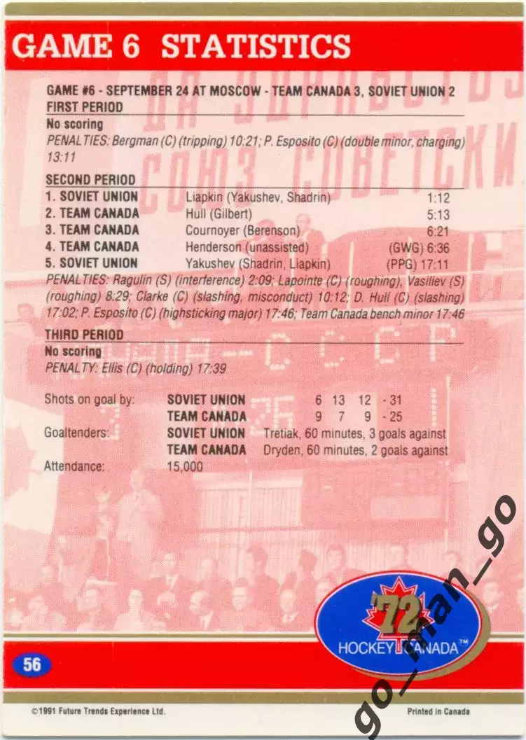 One Step Back Game 6 Statistics. Future Trends Canada '72 1991-1992, №56. 1
