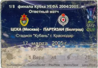 ЦСКА Москва – ПАРТИЗАН Белград Сербия 17.03.2005 кубок УЕФА 1/8 финала Краснодар