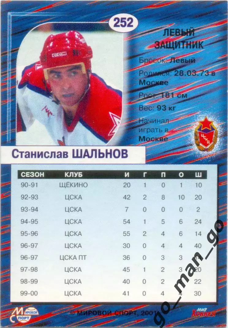 Станислав Шальнов (ЦСКА Москва). Мировой спорт Российский хоккей 2000-2001, №252 1