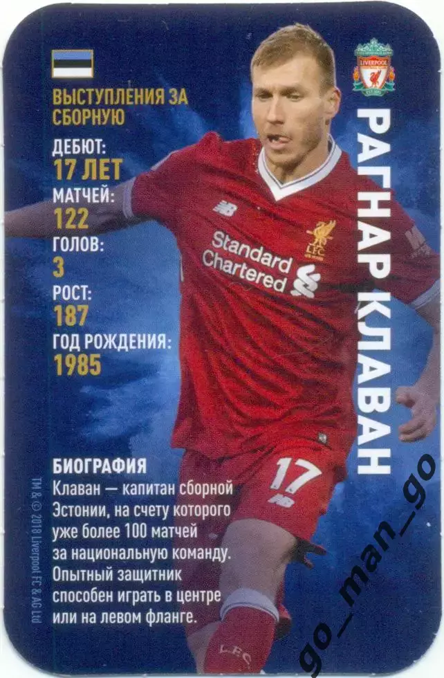 Рагнар Клаван (Ливерпуль Англия). Top Trumps. Звезды мирового футбола 2018.