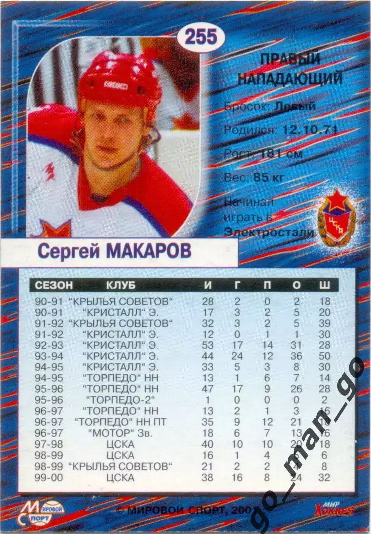 Сергей Макаров (ЦСКА Москва). Мировой спорт Российский хоккей 2000-2001, №255. 1