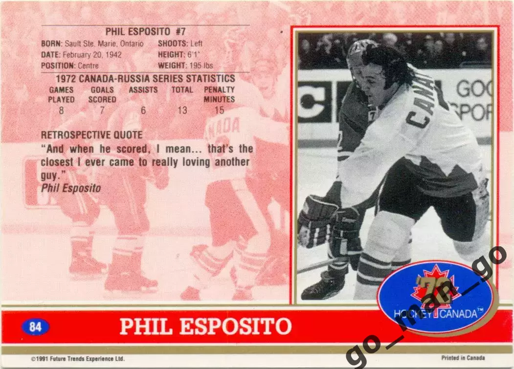 Phil Esposito (Canada). Future Trends Canada '72 1991-1992, №84. 1