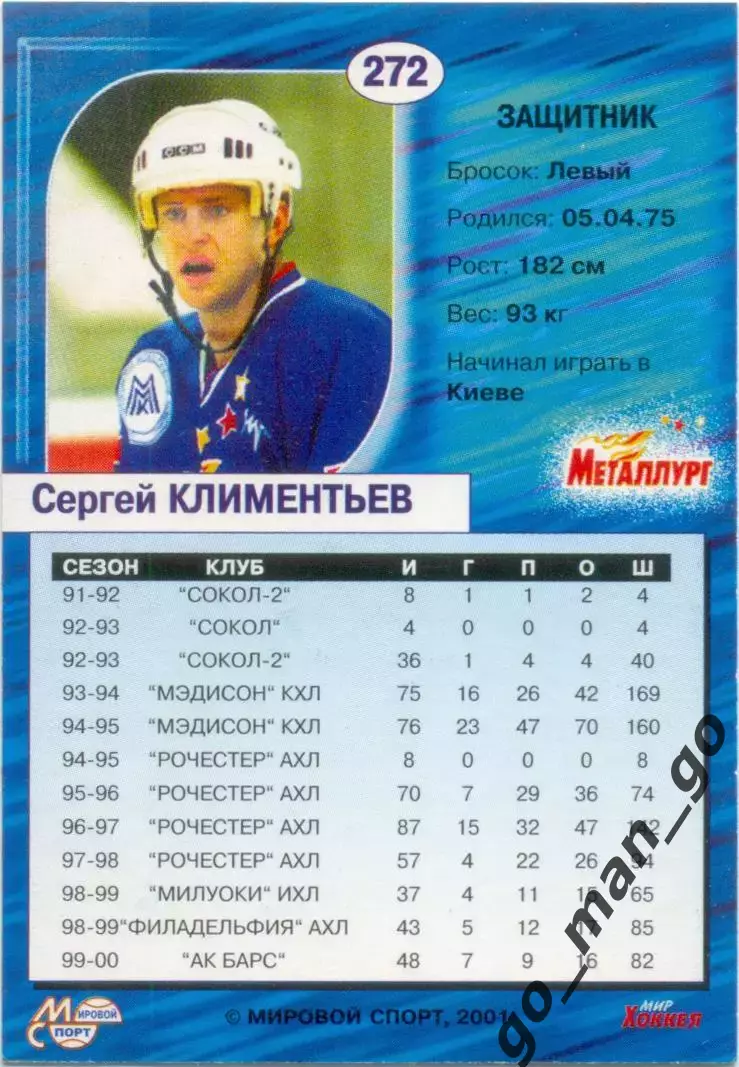 Сергей Климентьев Металлур Магнитогорск Мировой спорт Российск. хоккей 2000-2001 1
