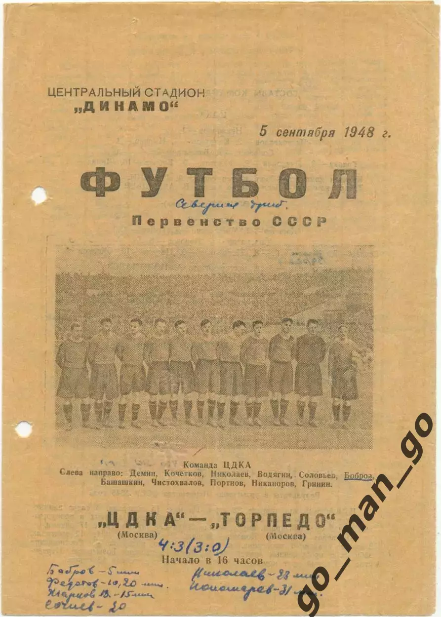 ЦДКА Москва – ТОРПЕДО Москва 05.09.1948.