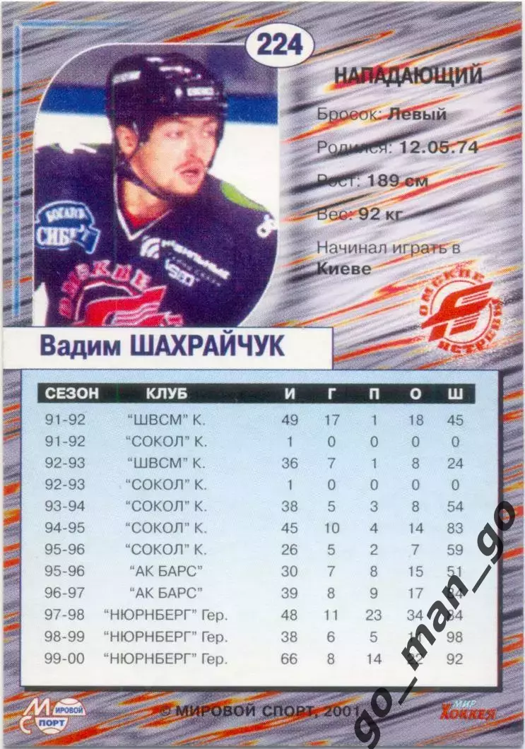 Вадим Шахрайчук (Авангард Омск). Мировой спорт Российский хоккей 2000-2001, №224 1