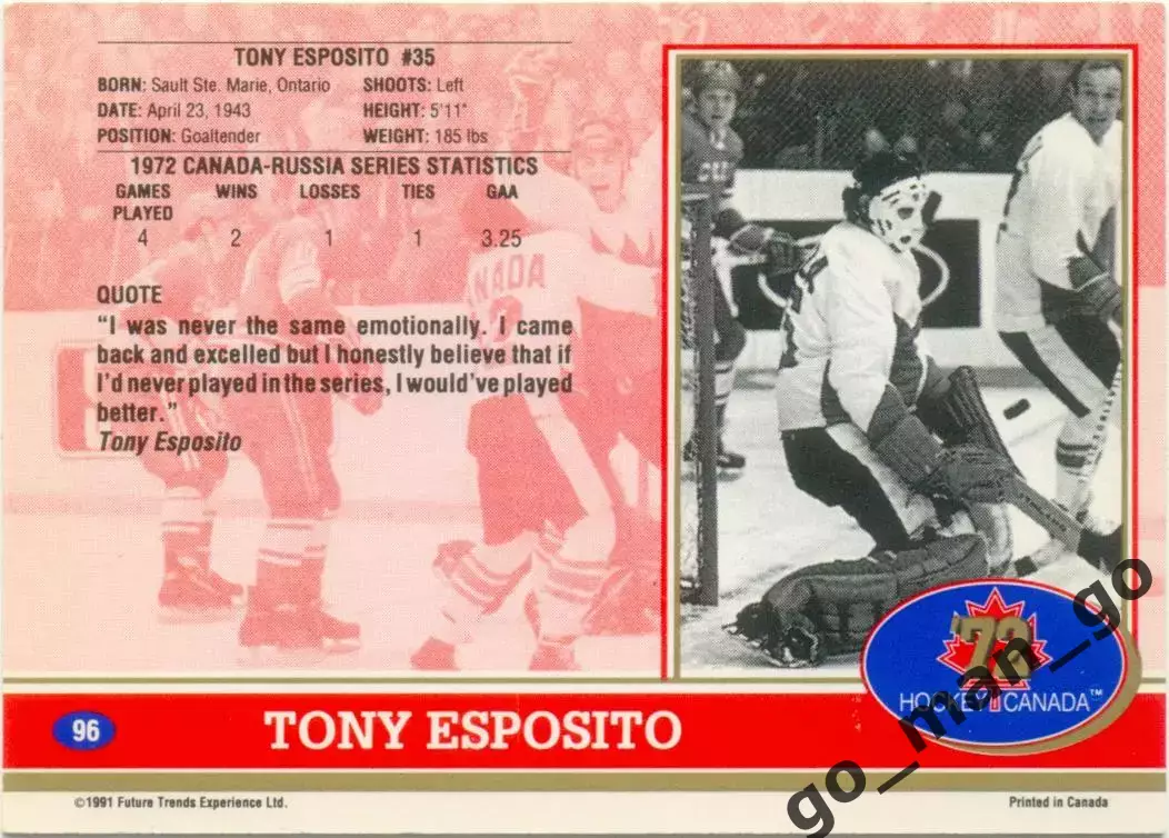 Tony Esposito (Canada). Future Trends Canada '72 1991-1992, №96. 1