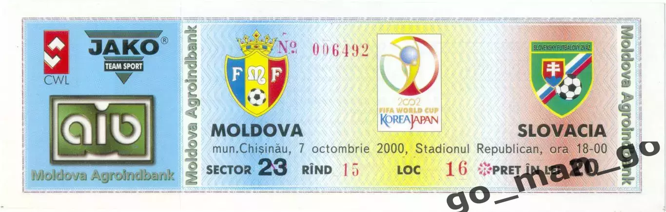 МОЛДАВИЯ сборная – СЛОВАКИЯ сборная 07.10.2000, Чемпионат мира, квалификация.