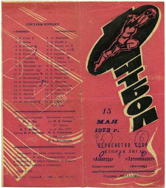 АВАНГАРД Севастополь – АВТОМОБИЛИСТ Житомир 15.05.1973.