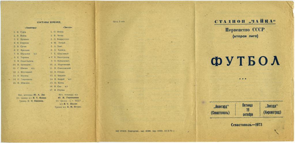 АВАНГАРД Севастополь – ЗВЕЗДА Кировоград / Кропивницкий 19.10.1973.