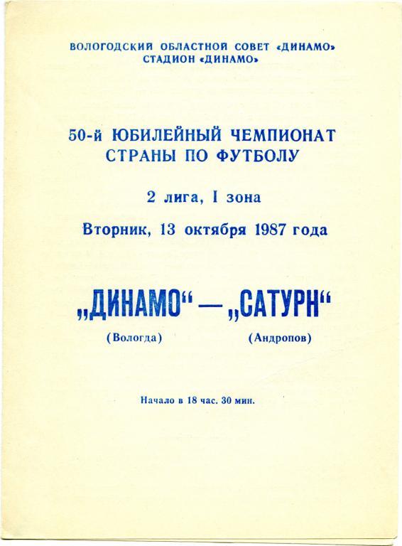 ДИНАМО Вологда – САТУРН Андропов / Рыбинск 13.10.1987.