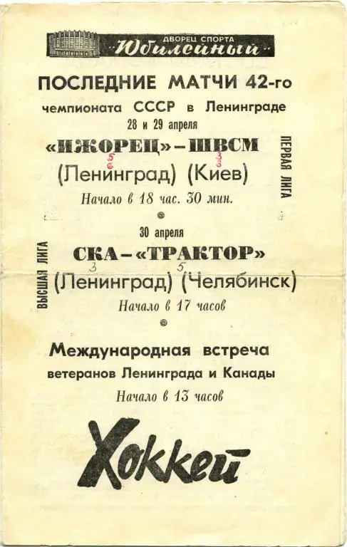 ИЖОРЕЦ – ШВСМ Киев, СКА – ТРАКТОР Челябинск, ЛЕНИНГРАД – КАНАДА ветераны 1988.