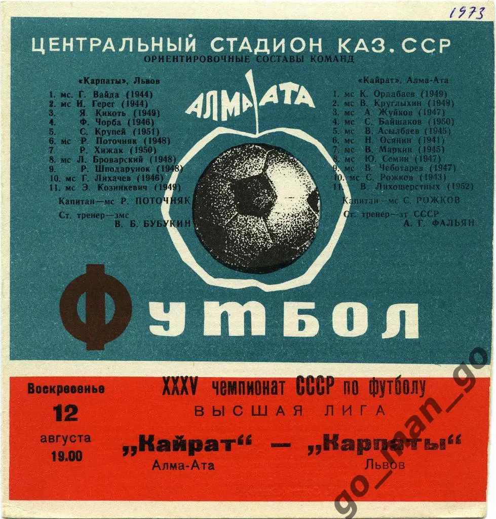 КАЙРАТ Алма-Ата – КАРПАТЫ Львов 12.08.1973.
