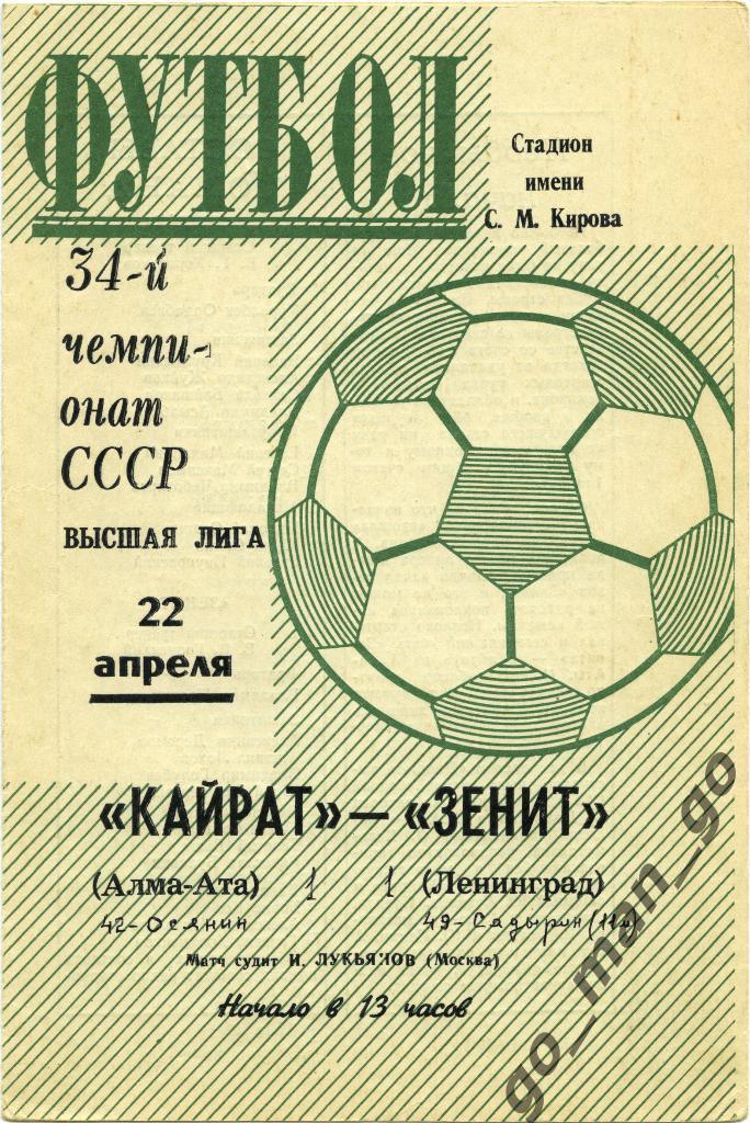 ЗЕНИТ Ленинград / Санкт-Петербург – КАЙРАТ Алма-Ата 22.04.1972.