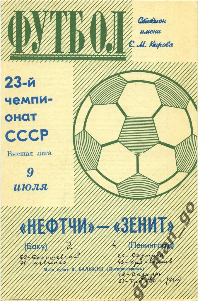 ЗЕНИТ Ленинград / Санкт-Петербург – НЕФТЧИ Баку 09.07.1971.