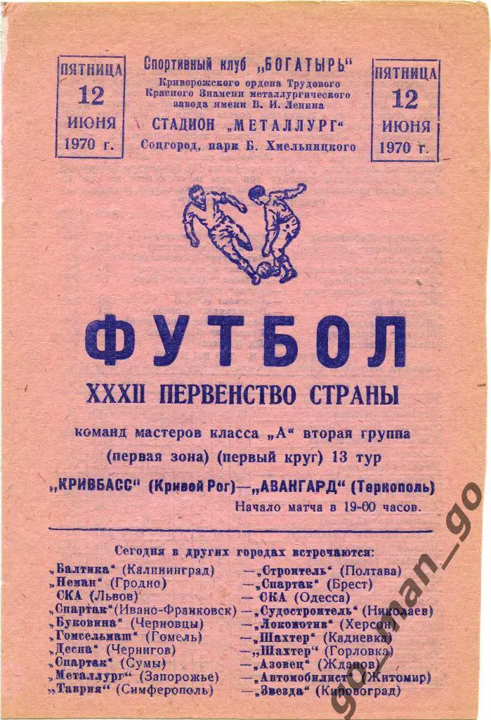 КРИВБАСС Кривой Рог – АВАНГАРД Тернополь 12.06.1970.