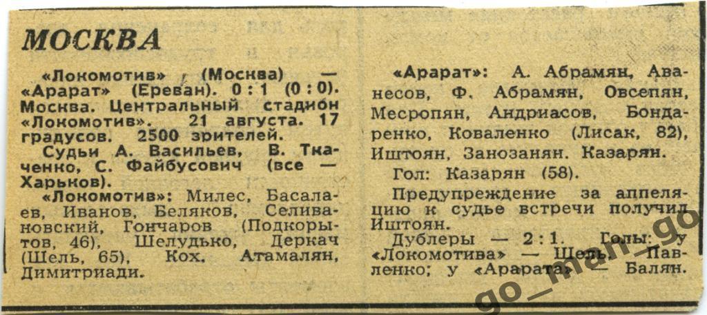 ЛОКОМОТИВ Москва – АРАРАТ Ереван 21.08.1969, отчет о матче.