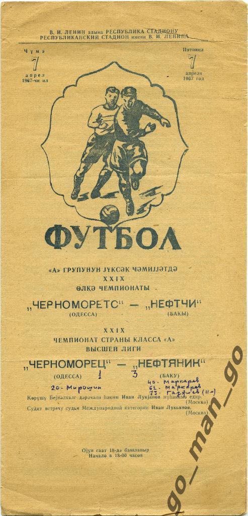 НЕФТЯНИК Баку – ЧЕРНОМОРЕЦ Одесса 07.04.1967.
