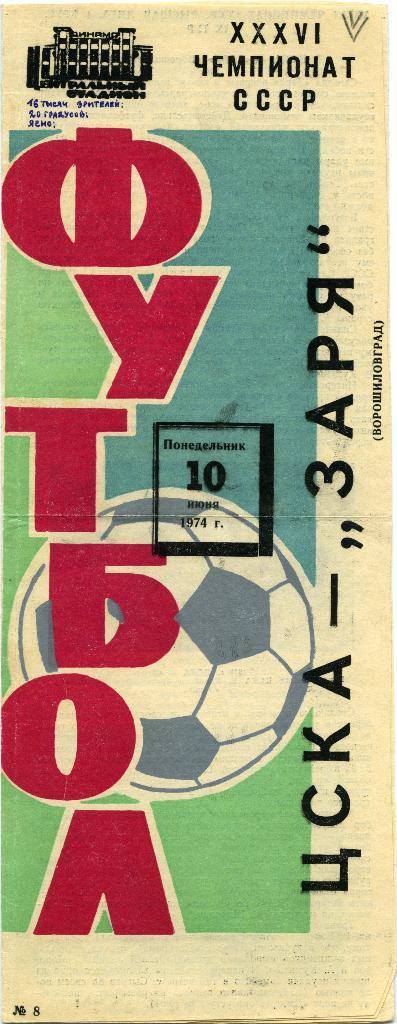 ЦСКА Москва – ЗАРЯ Ворошиловград / Луганск 10.06.1974.