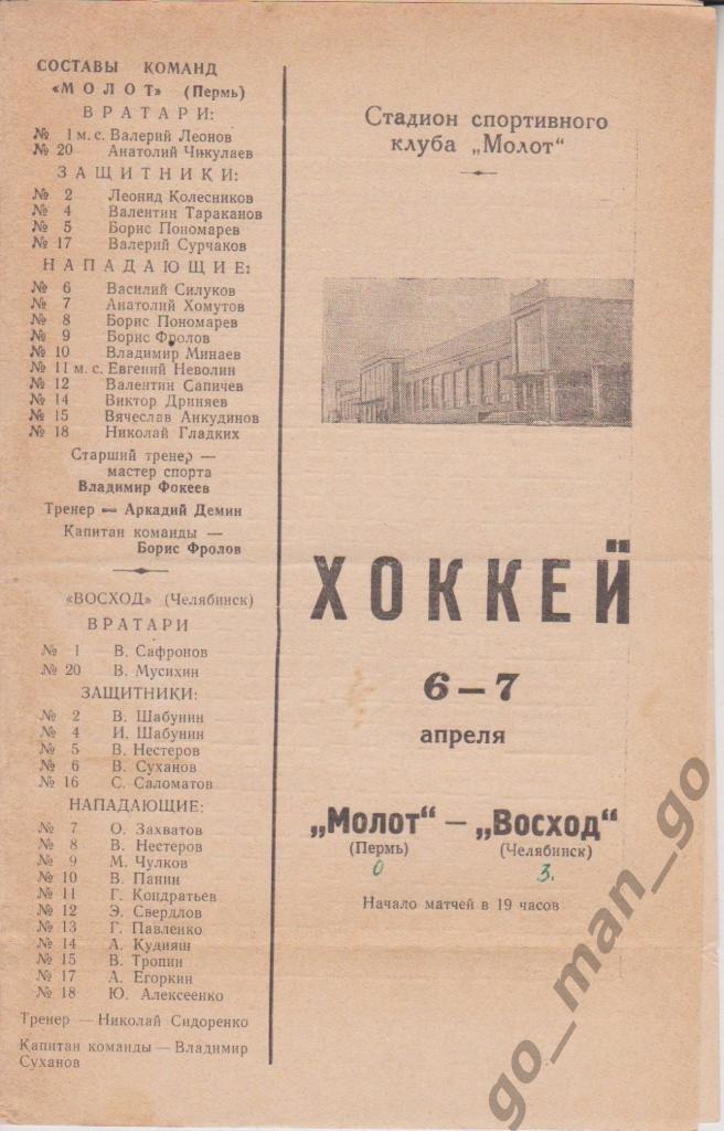 МОЛОТ Пермь – ВОСХОД Челябинск 06-07.04.1969.