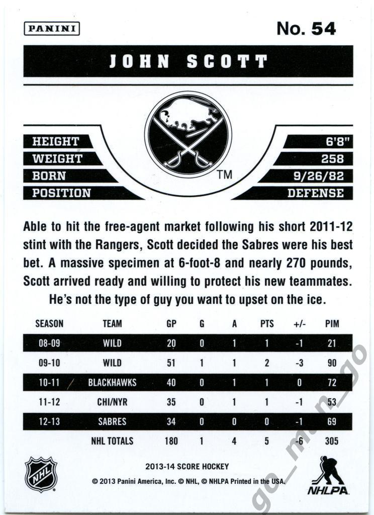 John Scott (Buffalo Sabres). Panini Score 2013-2014, № 54. 1