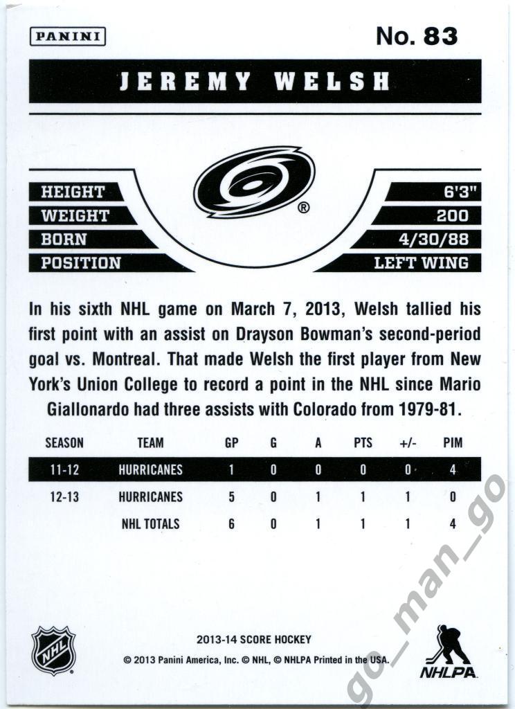 Jeremy Welsh (Carolina Hurricanes). Panini Score 2013-2014, № 83. 1