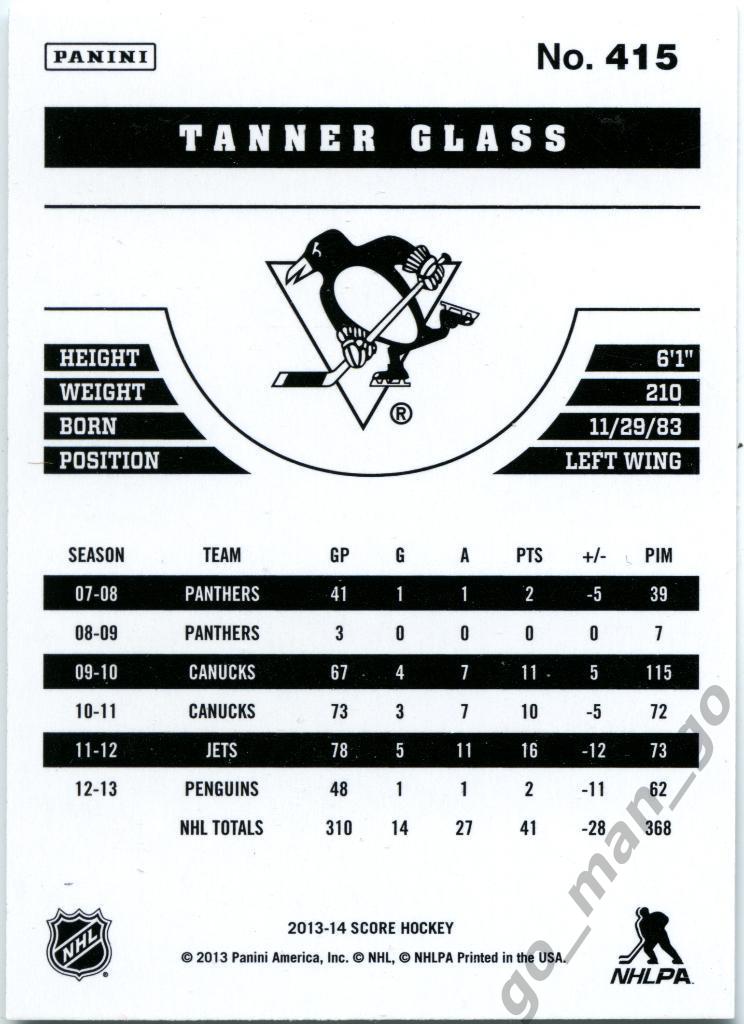 Tanner Glass (Pittsburgh Penguins). Panini Score 2013-2014, № 415. 1